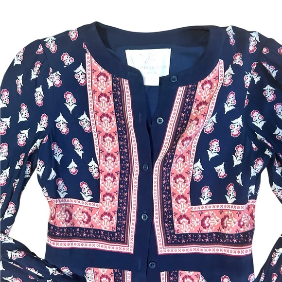 Gal Meets Glam Woodblock Print Midi Dress Size 0 Button Up Long Sleeve Blue - Picture 8 of 13